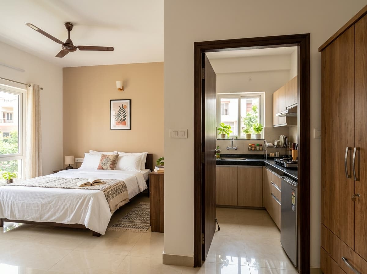 SLN Homes 1 BHK bedroom with adjoining private kitchen platform in HSR Layout